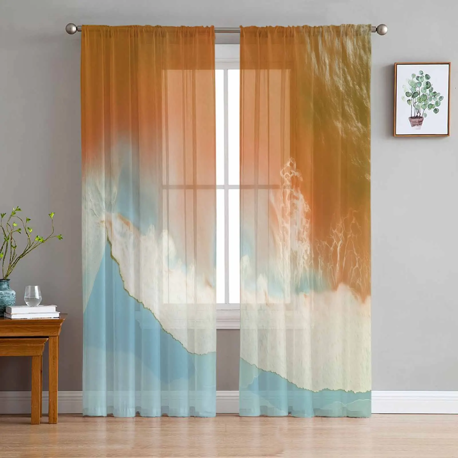 Ocean Beach Summer Vacation Triangle Tulle Sheer Window Curtains For Living Room Kitchen Children Bedroom Voile Hanging Curtain