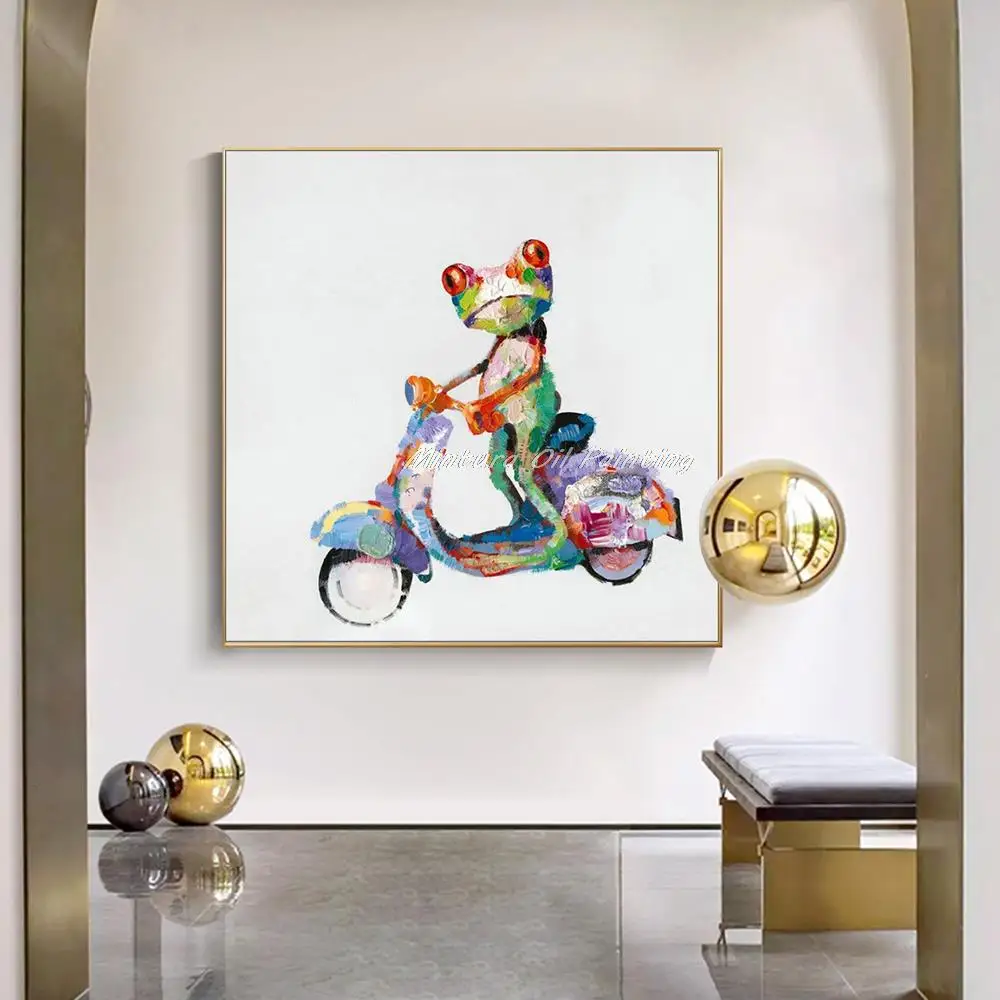 Mintura Handpainted Ride Motorcycle Frog Animal Oil Painting On Canvas,Pop Art Modern Wall Picture For Kids Room Home Decoration