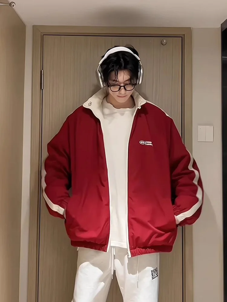 

Double-Sided Wear Red Wine Color Cotton Jaet Men's Winter Thiened Bread Sle ort Flight Jaet Casual Warm Outerwear