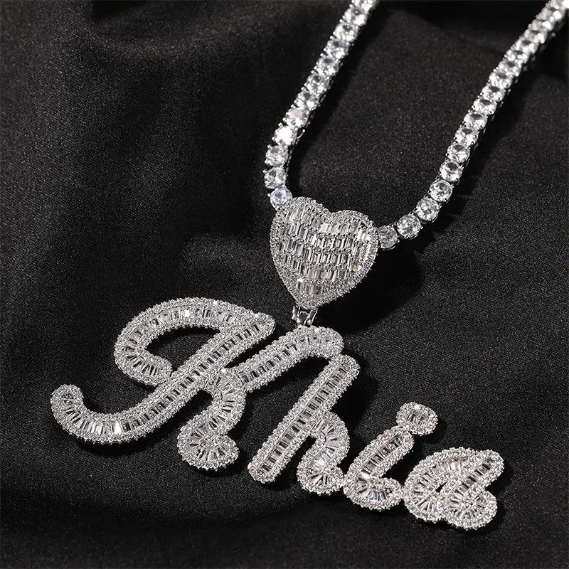 Customized Name Necklace with Heart Cubic Zircon Iced Out Letter with Cuban Chain Necklace for Women