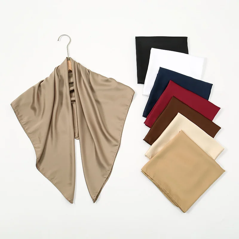 무슬림 여성 히잡 랩 패션 헤어 스카프 캐주얼 이슬람 터번 여성 반다나용 플레인 실크 90 스퀘어 스카프 새틴 헤어밴드