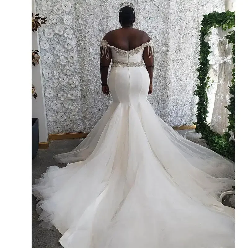 Customized Plus Size Satin Wedding Dresses Mermaid Beading Off Shoulder Crystals Custom Made Open Back African Women Bridal Dres