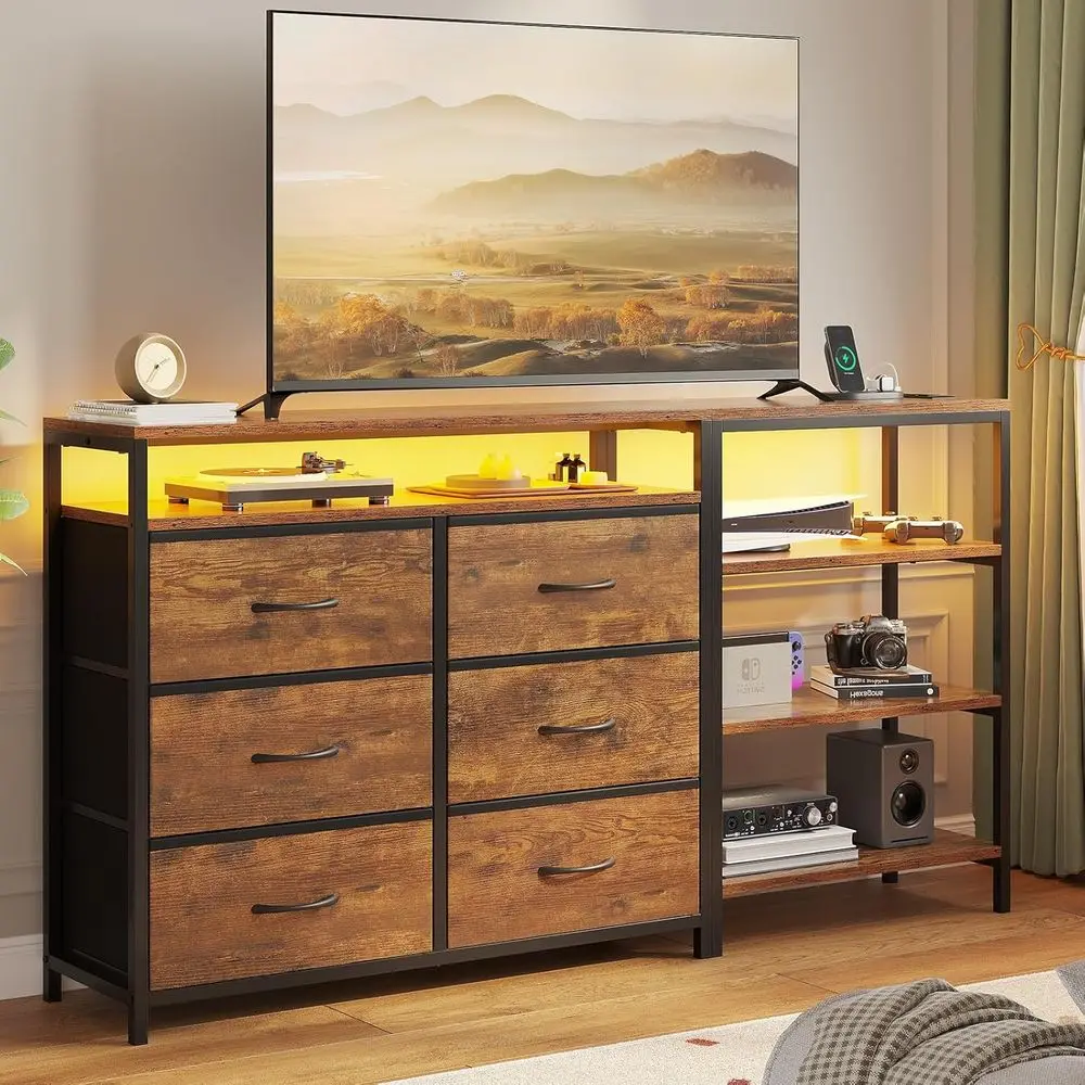 TV Stand or 60 Inches With Charging Station & LED Lights, 6 abric Ders, Entertainment Center and Industrial ole Table With Shelv
