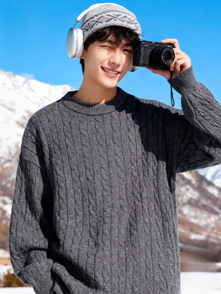 

M Knitted Sweater round Ne Overhead Winter Warm Thiened Large Mouth Monkey Twist Flower Men's Faion