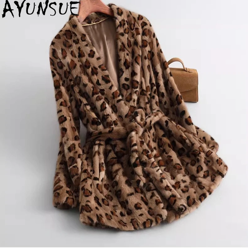 AYUNSUE 리얼 밍크 퍼 코트 여성용 레오파드 프린트 아우터웨어 겨울 퍼 재킷 짧은 스타일리시 퍼 코트 여성 의류