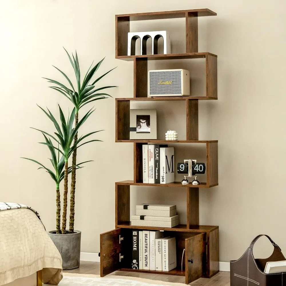 

book shelves,6-Tier,with Doors,Anti-toppling Device,Home Office Wood Storage Display Shelf,bookshelf