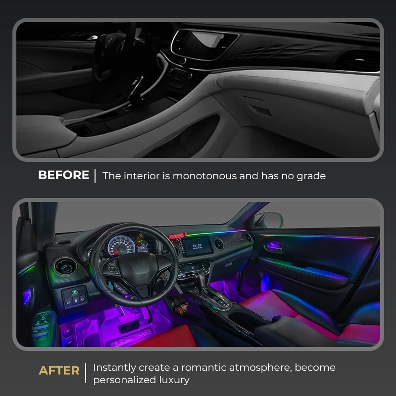 K6 smart car interior light fixed chrome LED strip 265 color modes, ambient light, music sensor 1 year warranty