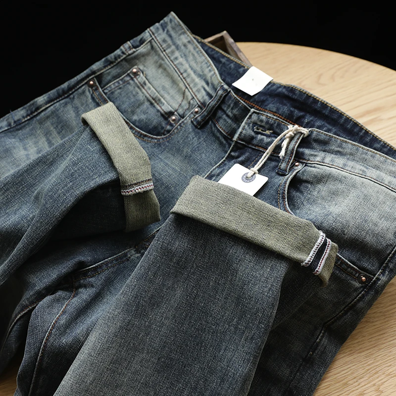 

Высококачественные мужские эластичные винтажные джинсы Ameika цвета хаки с эффектом потертости, повседневные длинные брюки, молодежный тренд, весна 2023 г.