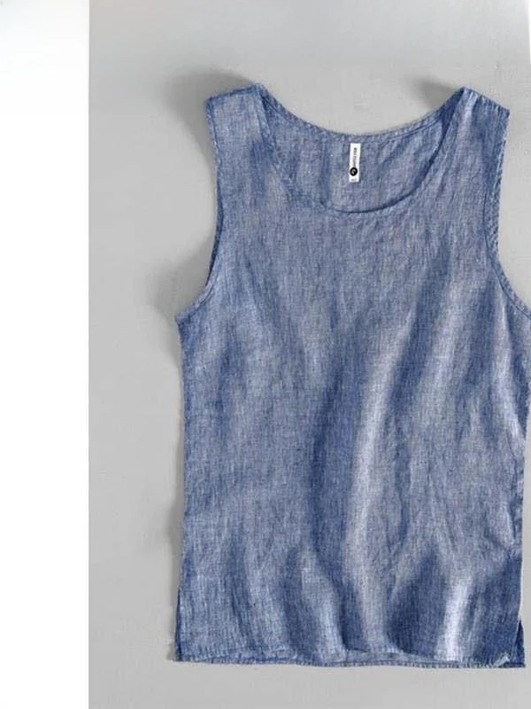 New Summer Men's Sleepwear Casual Linen  Color Sleeveless Cotton Linen White Strap Vest Loose Shirt Upper Body