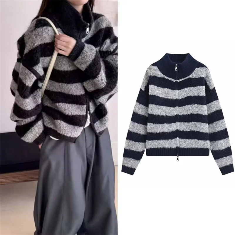 Guobioziy women's striped long-sleeve knitted cardigan with double zipper, stylish street striped autumn stand-up collar