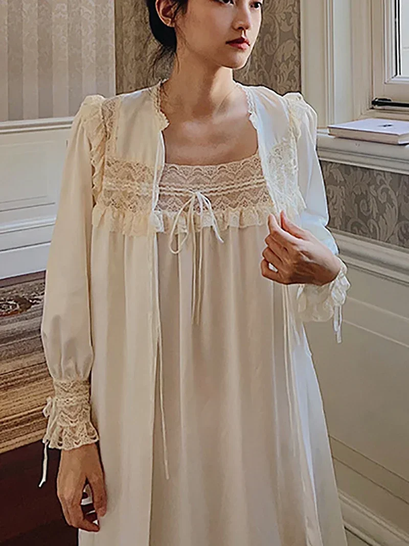 2024 Spring Summer New French Vintage Silk Princess Nightgown Lace Strap Two Piece Nightdress Morning Robe Victorian Sleepwear