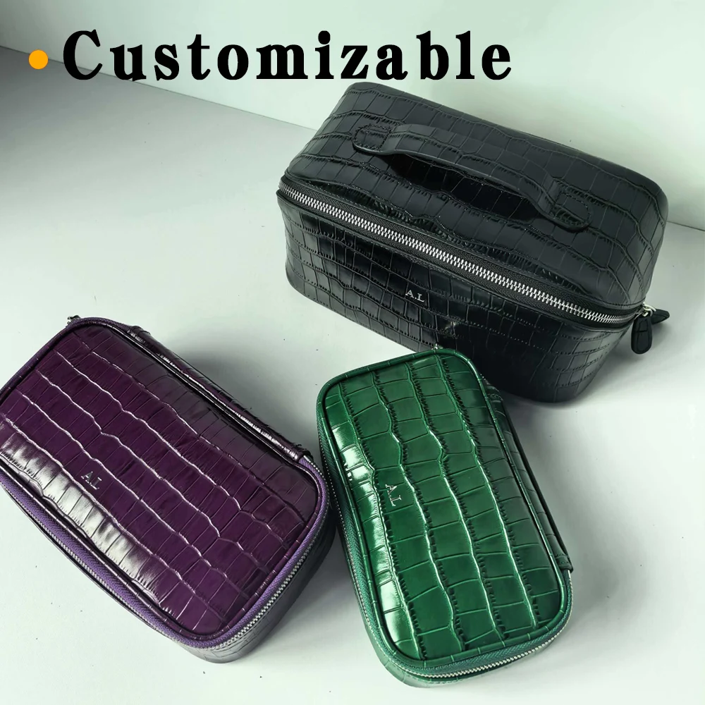 Waschtasche aus echtem Leder mit Krokodilstruktur, großes Fassungsvermögen, Reise-Kosmetik- und Toilettenartikel-Organizer, Damentasche, Make-up-Tasche, Luxustasche – Detail 2