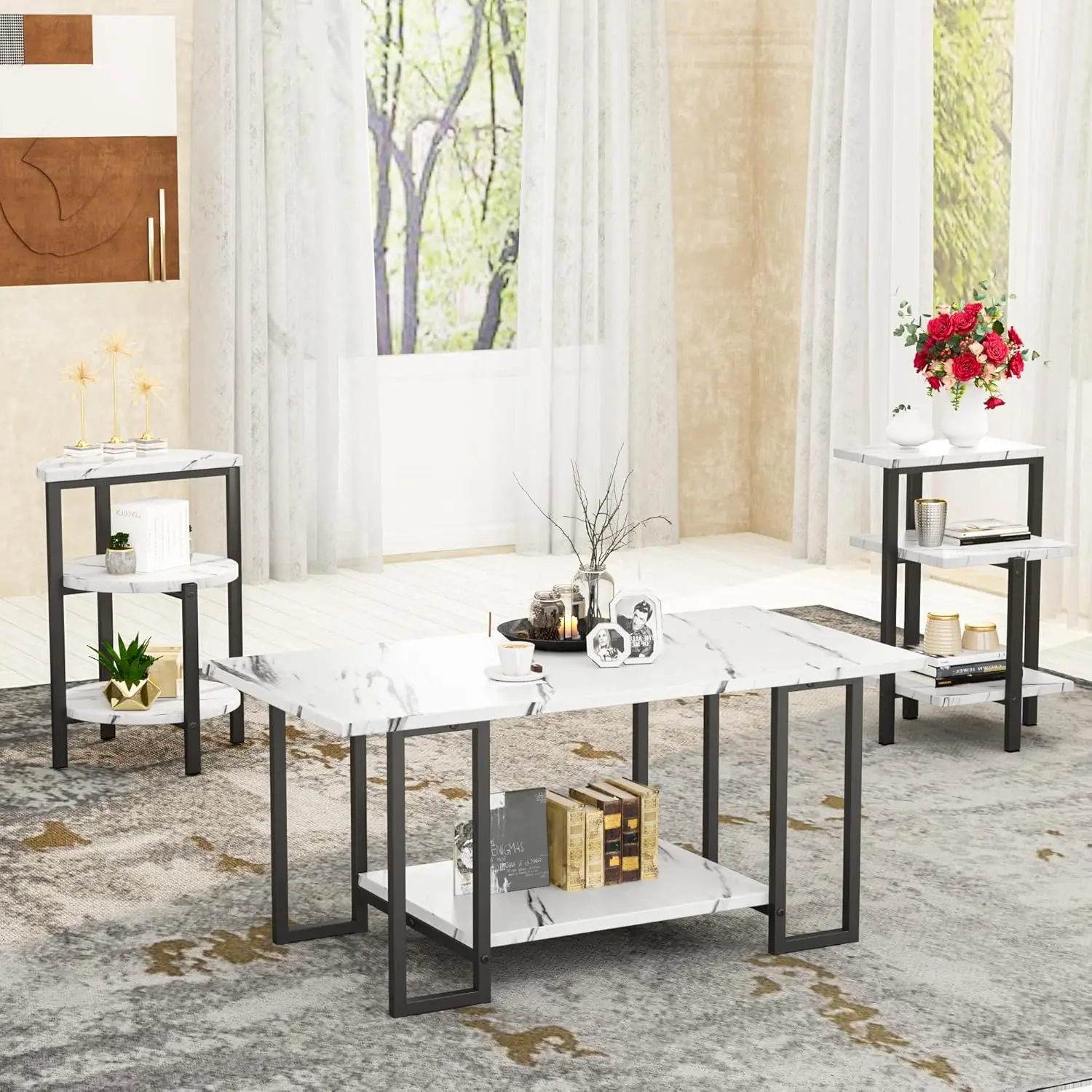 Lamerge Coffee Table Set, mesa de café retangular, 2 mesa de acento, mesa de mármore falso, 3 pcs