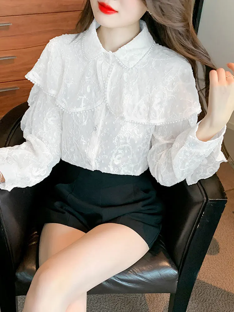 Chiffon Blouses Long Sleeve Beading Women Tops Casual lace Office Lady Women Clothing5