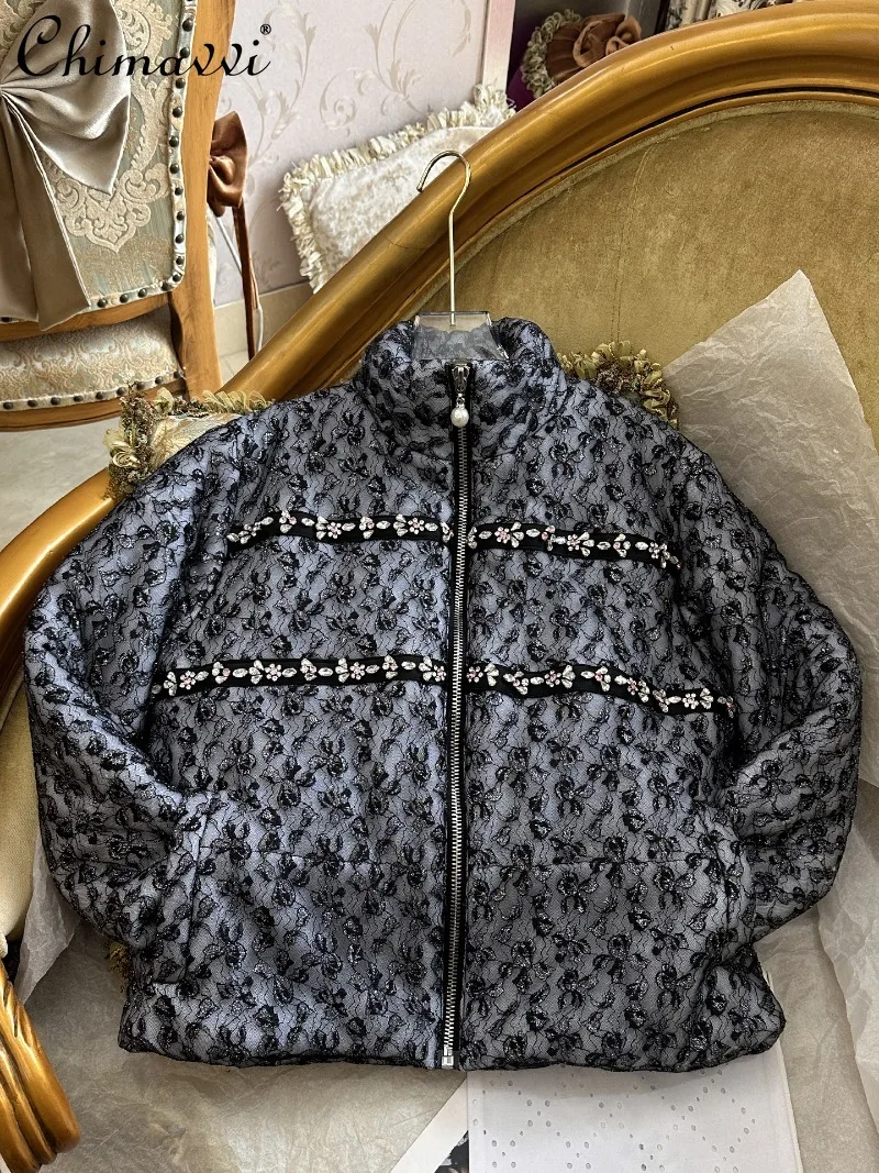 

High-End Lace French Style Elegant Cotton Jacket Winter Heavy Embroidery Gorgeous Long Sleeve Warm Christmas Fashion Cotton Coat