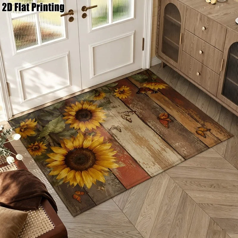 1Pc American Vintage Sunflower Butterfly Pattern Rug, Machine Washable, Cozy Home, Vintage Pastoral Style Universal, Applicable to Living Room, Bedroom, Entryway, Office, Balcony and Other Areas