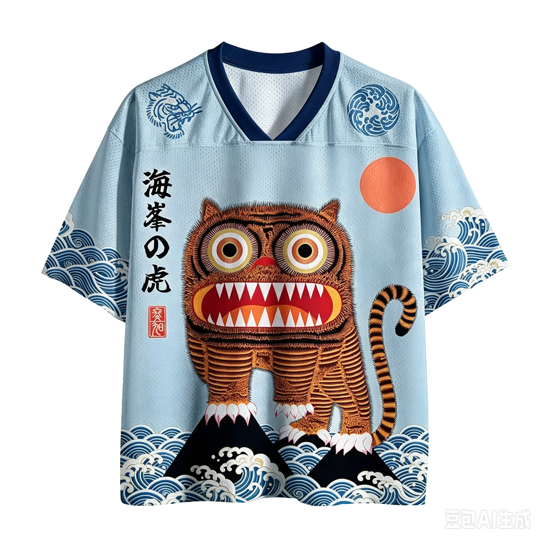 3D-Druck Retro Ukiyo-e-Stil „Hefeng Tiger Wave Red Sun“ Herren Damen Sport- und Fitness-T-Shirt mit V-Ausschnitt, schnelltrocknend, locker geschnitten, Streetwear, lässig – Detail 3