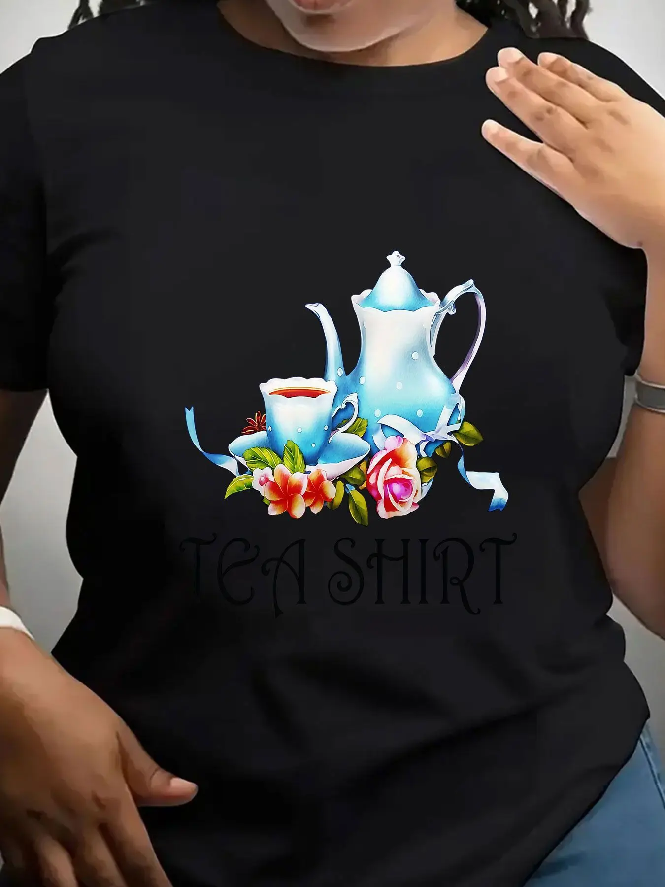 Women's Trendy Crew Neck T-Shirt Tea Pot and Floral Design Suitable for Casual Sportswear