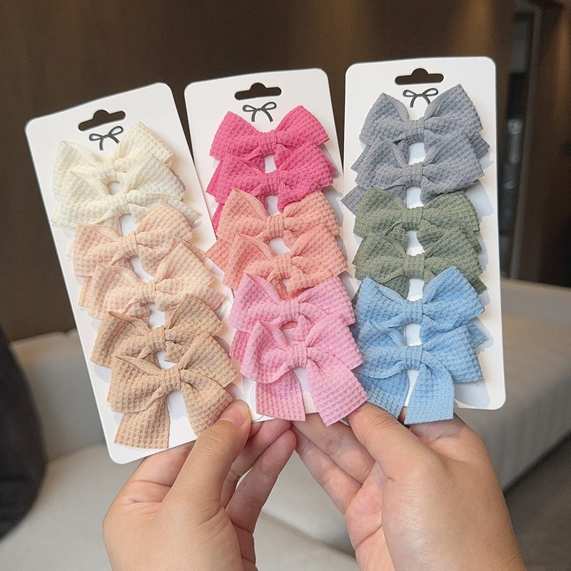 6PCS Soft Cotton Bow Hairpin Girl Sweet Plaid Design Hairpin Color Block Delicate Hairgripe Barrettes Kawaii Child Accessories