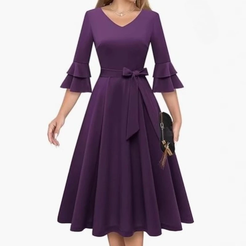 

Women's Dresses Elegance Cocktail Midi Dress Female Vintage Wedding Guest Solid Color Crew-neck Swing Dress with Flared Sleeves