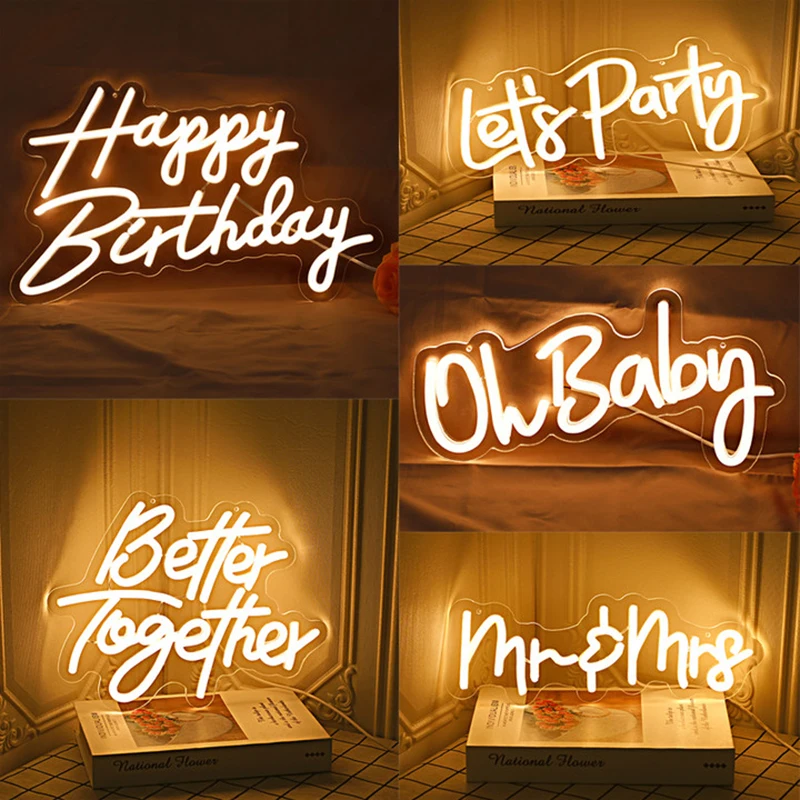 

Neon Signs Happy Birthday LED Neon Sign Flex Transparent Acrylic Mr and Mrs Night Light Wedding Party Room Home Decor