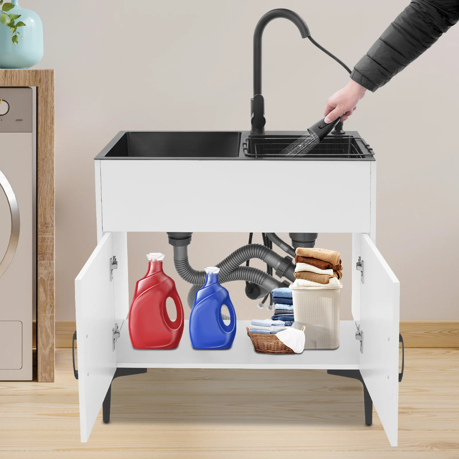 

Белая раковина с выдвижным краном и шкафами, подходящая для кухонь, ванных комнат, ресторанов и многого другого