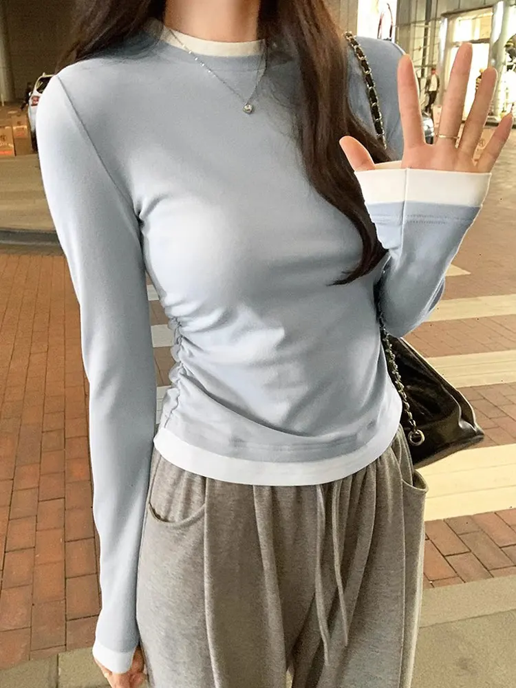 

Color Block Base Layer Shirt Long Sleeve Women's T-shirt Spring New Style Dopaamine Waist Inward Match up Top Quality Fabric