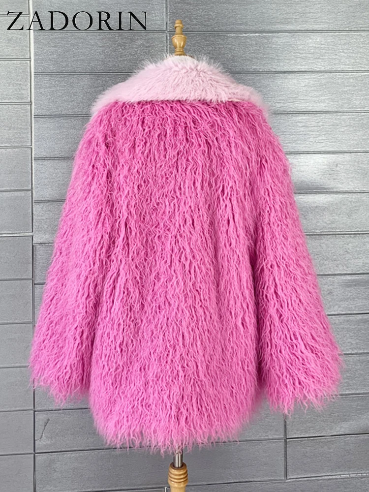 ZADORIN High Quality Fluffy Faux Mongolia Sheep Fur Coat Women Elegant Lapel Mid Long Barbie Pink Jacket Winter Fur Coats Women