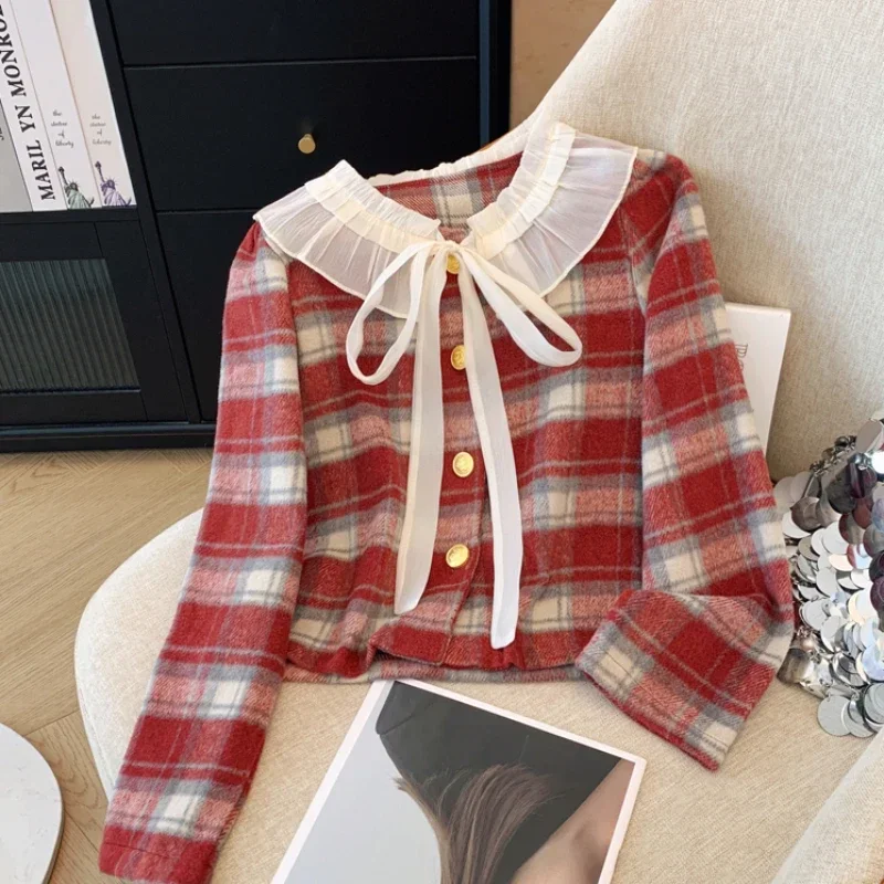 French Style Elegant Doll Collar Plaid Shirt Women's Autumn and Winter Bow Lace Korean Style Fashionable Plaid Top Jacket