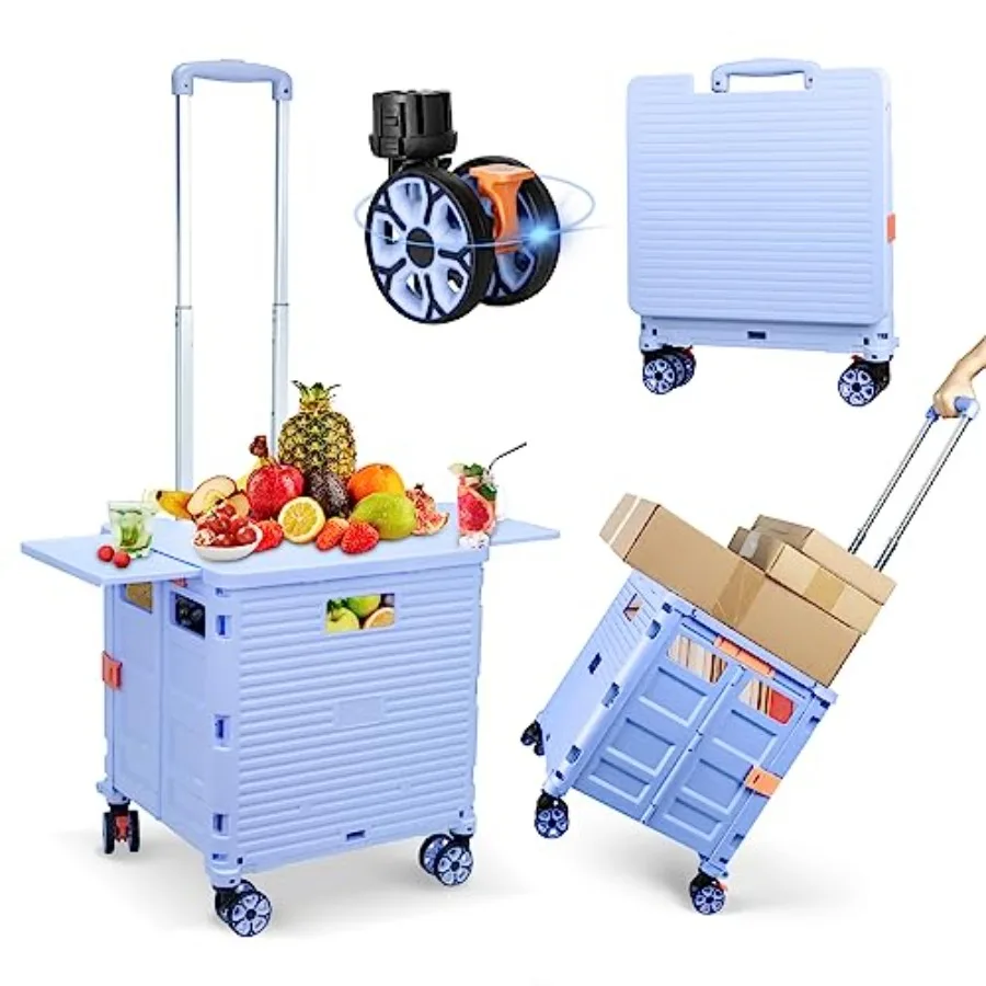

SELORSS Folding Utility Cart Portable Rolling Crate Handcart with Magnetic Sliding Lid Telescoping Handle Plastic Box Dolly 360