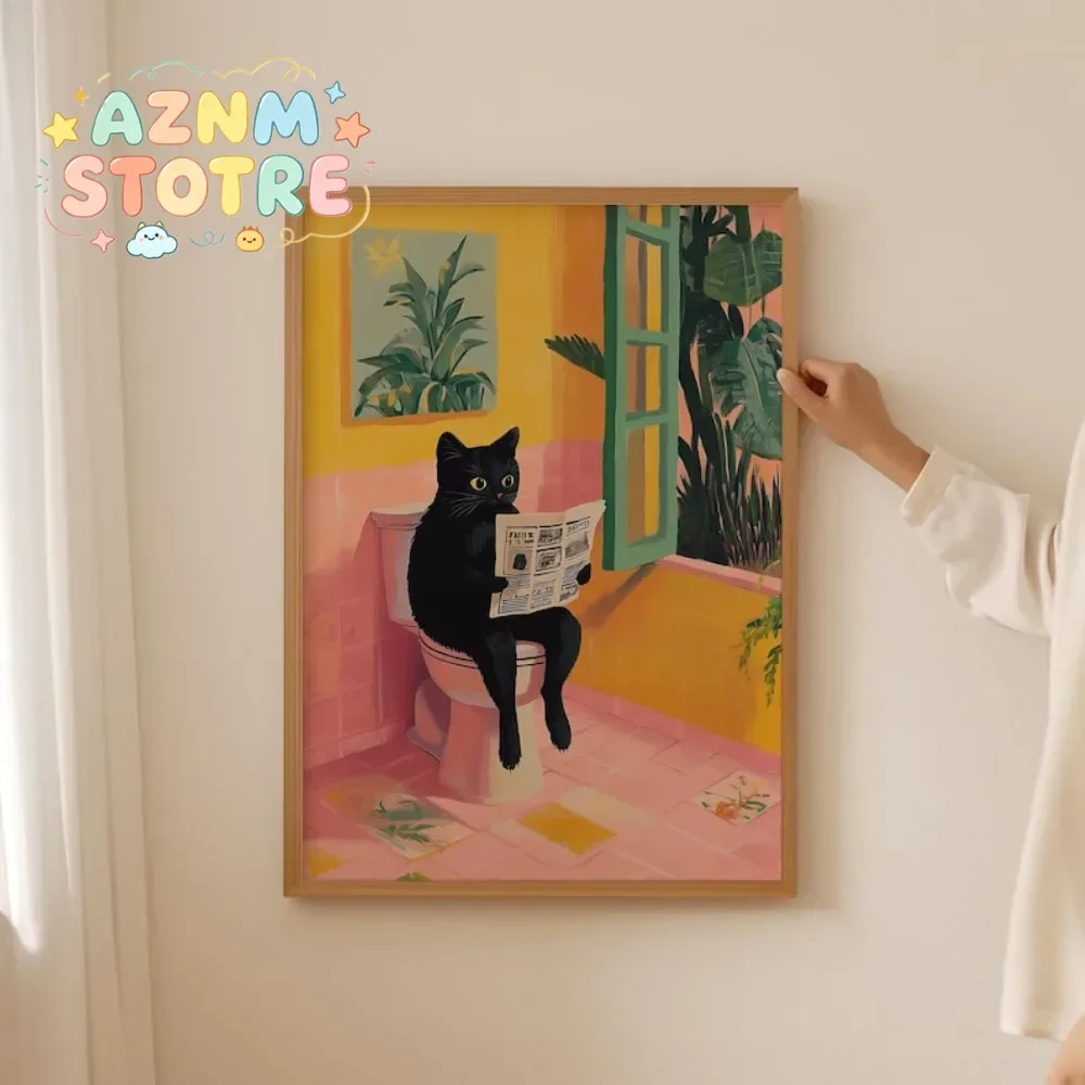 Funny Toilet Cat Canvas Prints Poster Japanese Dopamine Aesthetic for Cat Lovers Bathroom Wash Room Home Decor Art Poster Gif