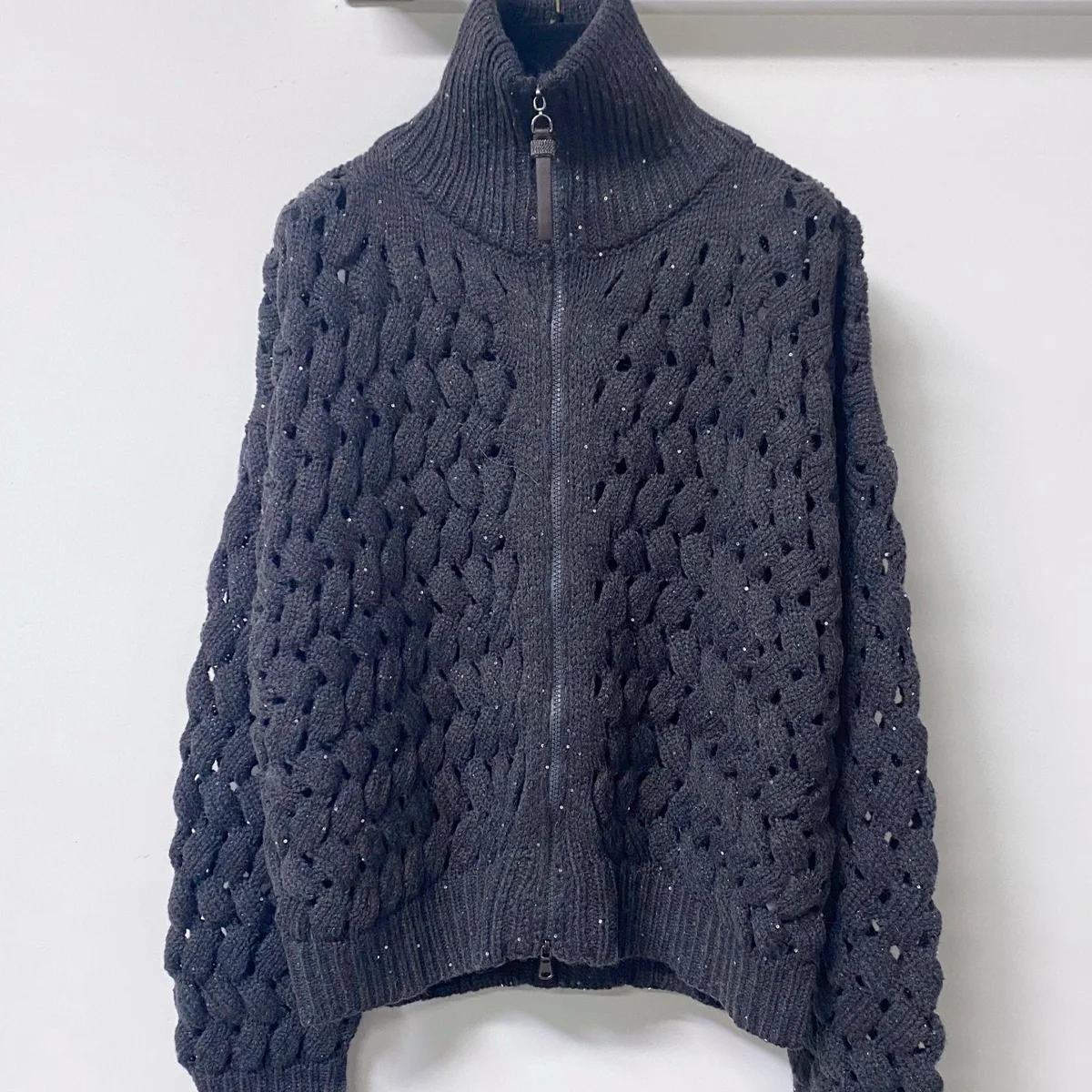 High Quality Women Turtleneck Zip Up Hollow Cable Knit Cardigan, Sparkling Thread Loose Thick Knitted Jacket lyt261017134