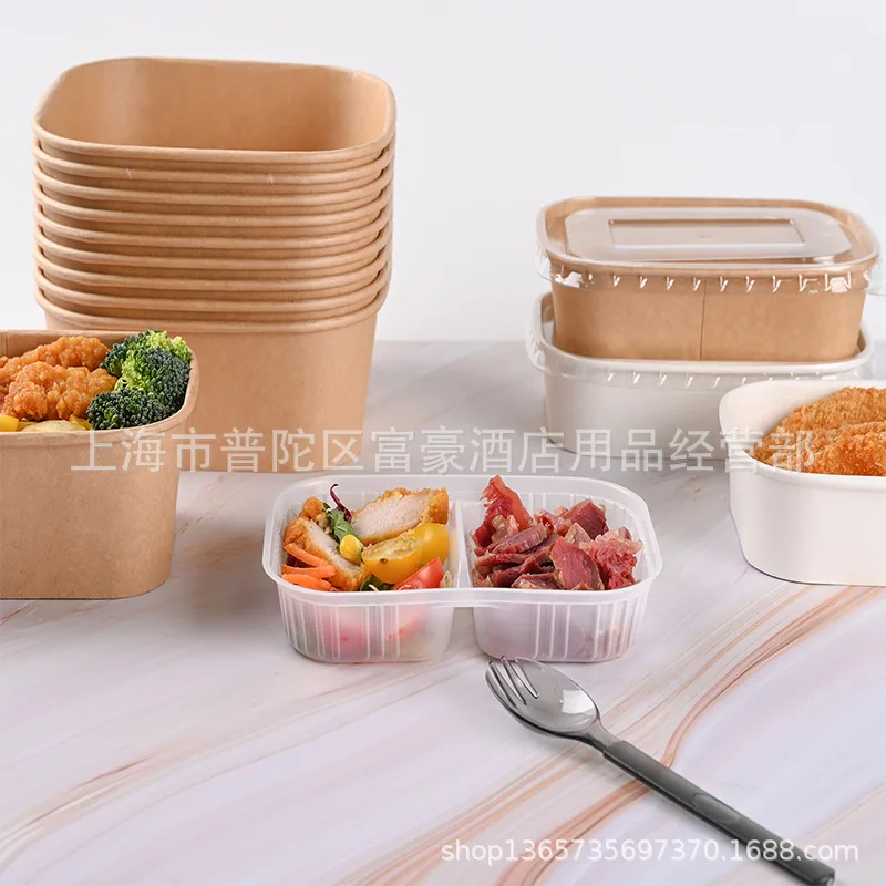 Customized. Disposable Kraft Paper Lunch Box Oval Flat Lid American Square Box Degradable Lunch Box Packaging Environmental Prot