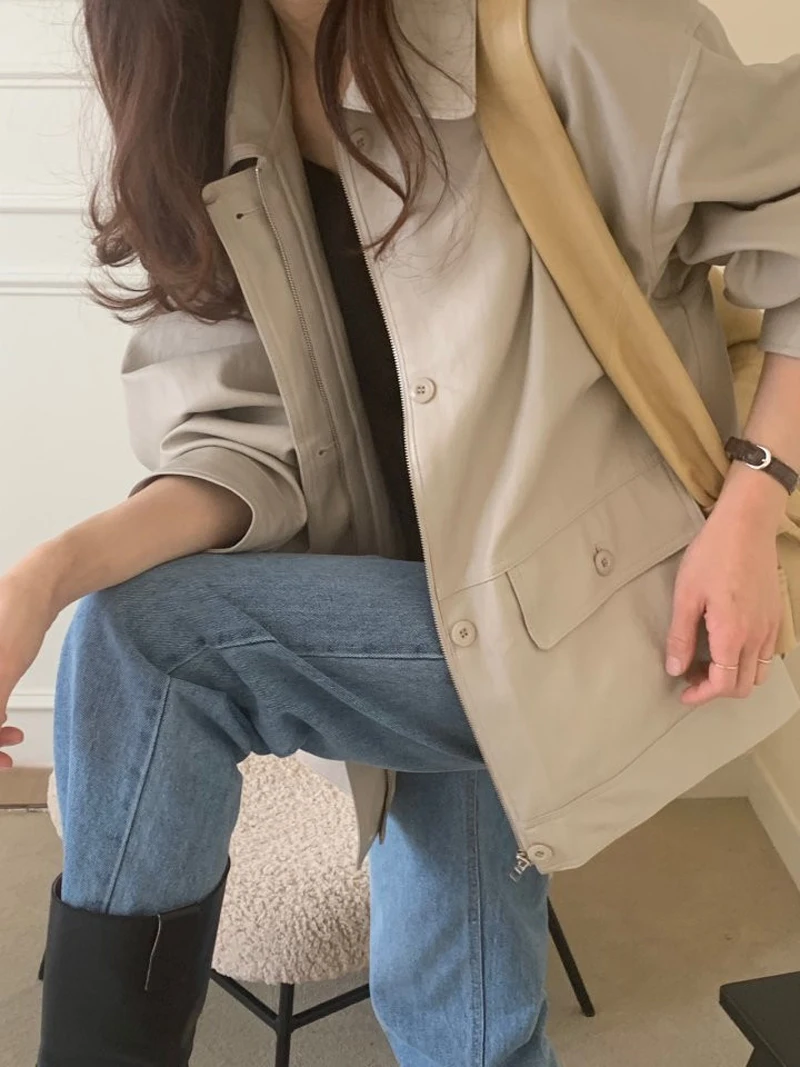 เสื้อแจ็คเก็ตหนังลำลองมีซิป คอตั้ง แขนยาว ทรงหลวม สำหรับผู้หญิงสาว แฟชั่นฤดูใบไม้ร่วง เสื้อคลุม