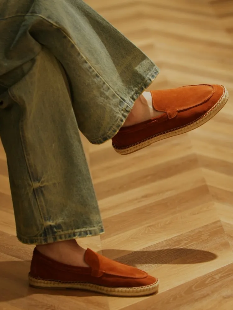 Retro Summer Men 2025 New Straw Platform Bottom Suede Leather Breathable Comfortable Casual Shoes Flat Fisherman shoes Loafers