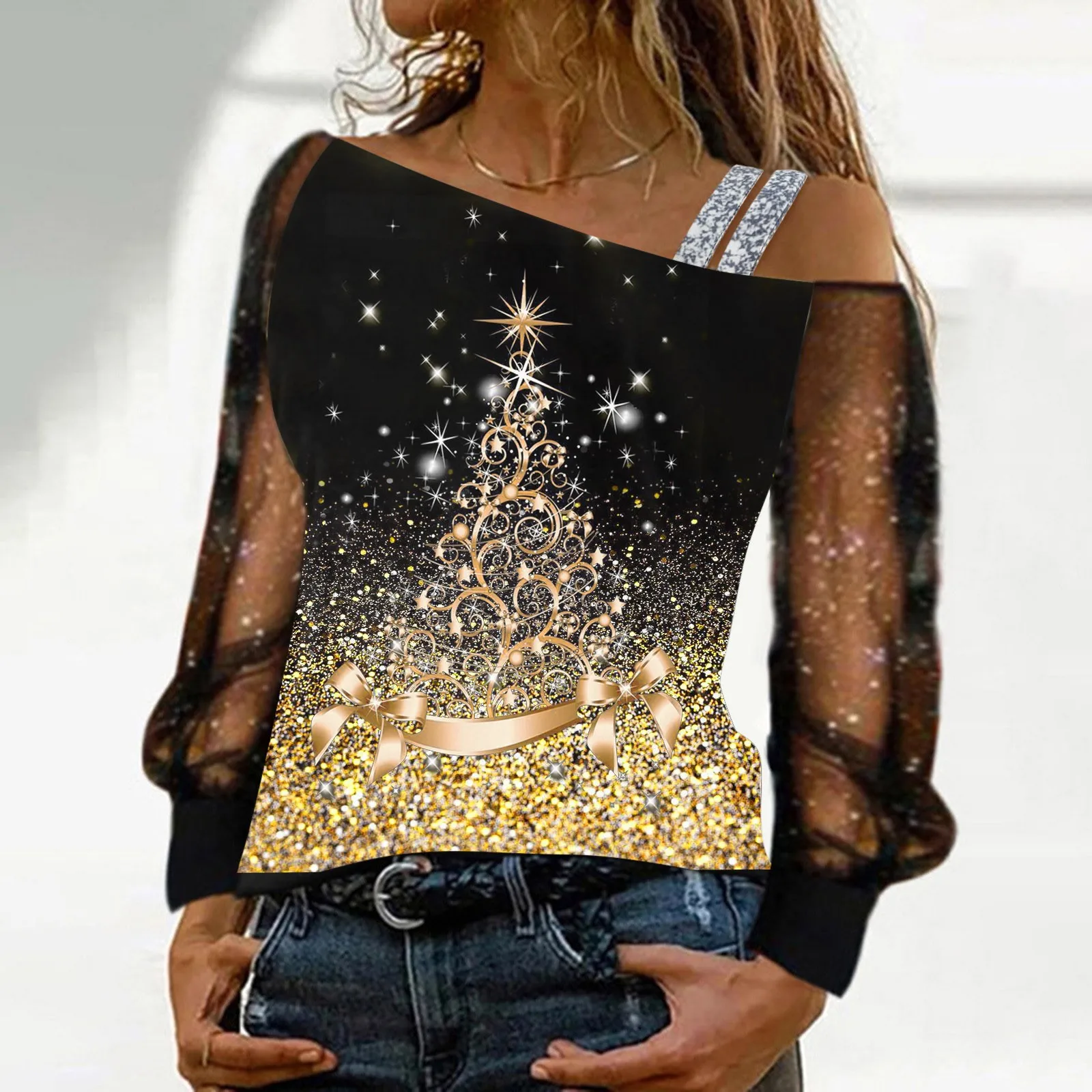 Christmas Women\'S Tunic Tshirt Stylish Sequins One Cold Shouder Skew Collar Tops  Transparent Mesh Long Sleeve Tee Shirtру башка