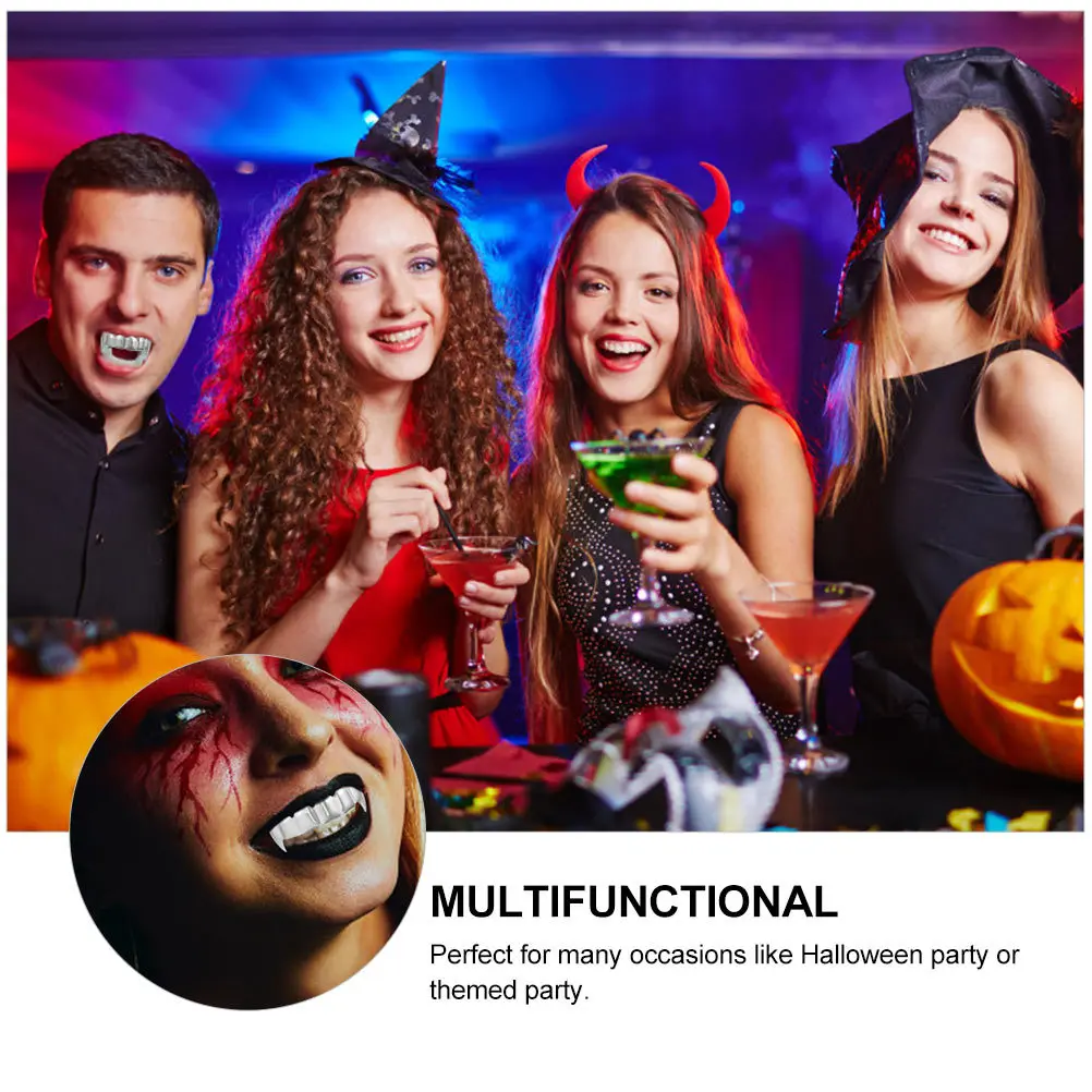 

2Pcs Werewolf Teeth Halloween Scary Accessories Silver Plated Fake Upper Teeth Party Props Halloween Decorative Supplies