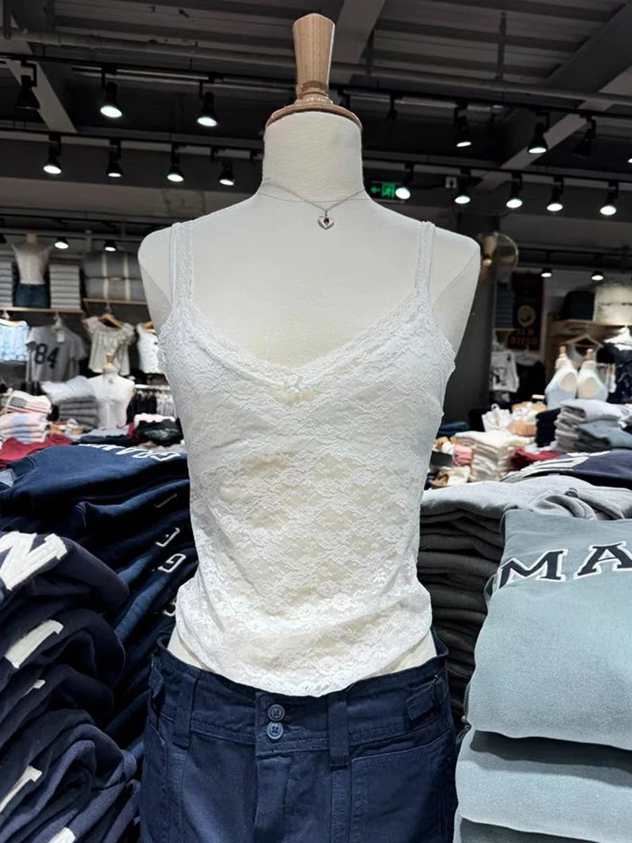 

Кружевная сексуальная прозрачная однотонная майка, Летний Тонкий уличный Топ без рукавов с V-образным вырезом, Женский Повседневный милый топ Y2k, одежда