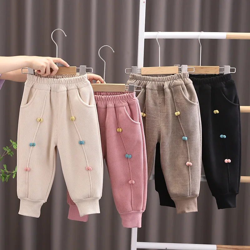 Baby Girls Velvet Pants Kids Bow-knot Trousers Pocket Pant 2024 Spring Autumn Winter 1 To 4 Years Childre's Clothing Casual