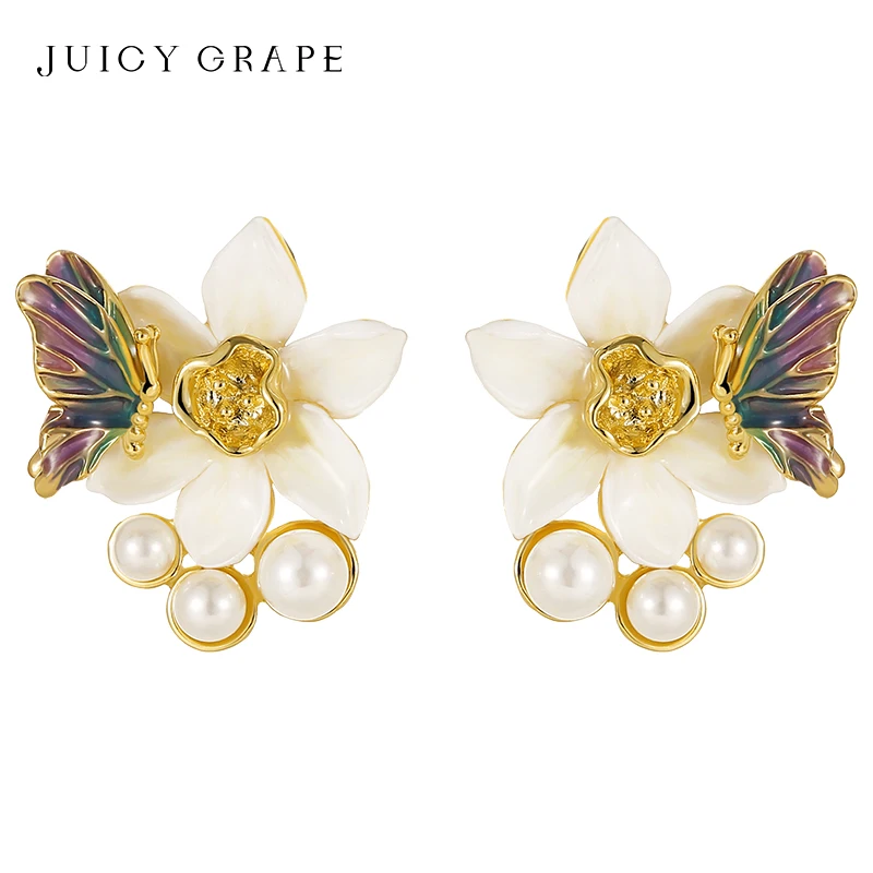 

Juicy Grape Daffodil Butterfly Stud Earrings for Women Handmake Enamel Flower Studs Wedding Party Jewelry Gift