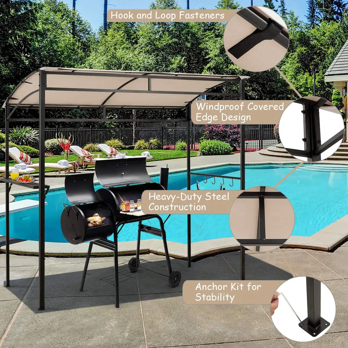 Grill Gazebo 7x4.4ft BBQ Canopy Shelf & Hooks Steel Frame Bottle Opener Backyard Patio Garden, Customized