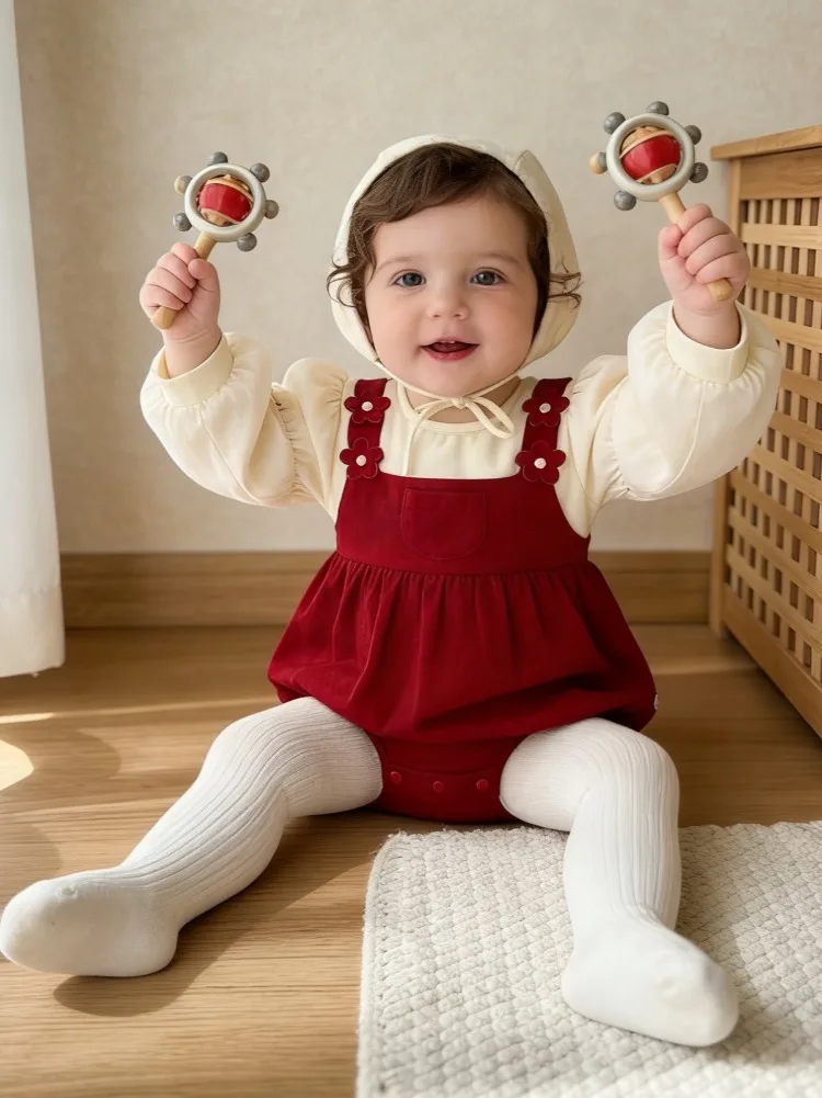 

Милая детская ткань, осенняя одежда, сумка для маленьких девочек с длинными рукавами, красное хлопковое платье на один год, комбинезон принцессы из двух предметов