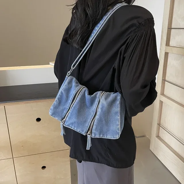 Solidna torba na ramię z denimu z zamkiem błyskawicznym, uniwersalna, nowość 2026, do noszenia na co dzień, dekoracyjna, pojedyncza torba crossbody, ładna, praktyczna torebka damska.