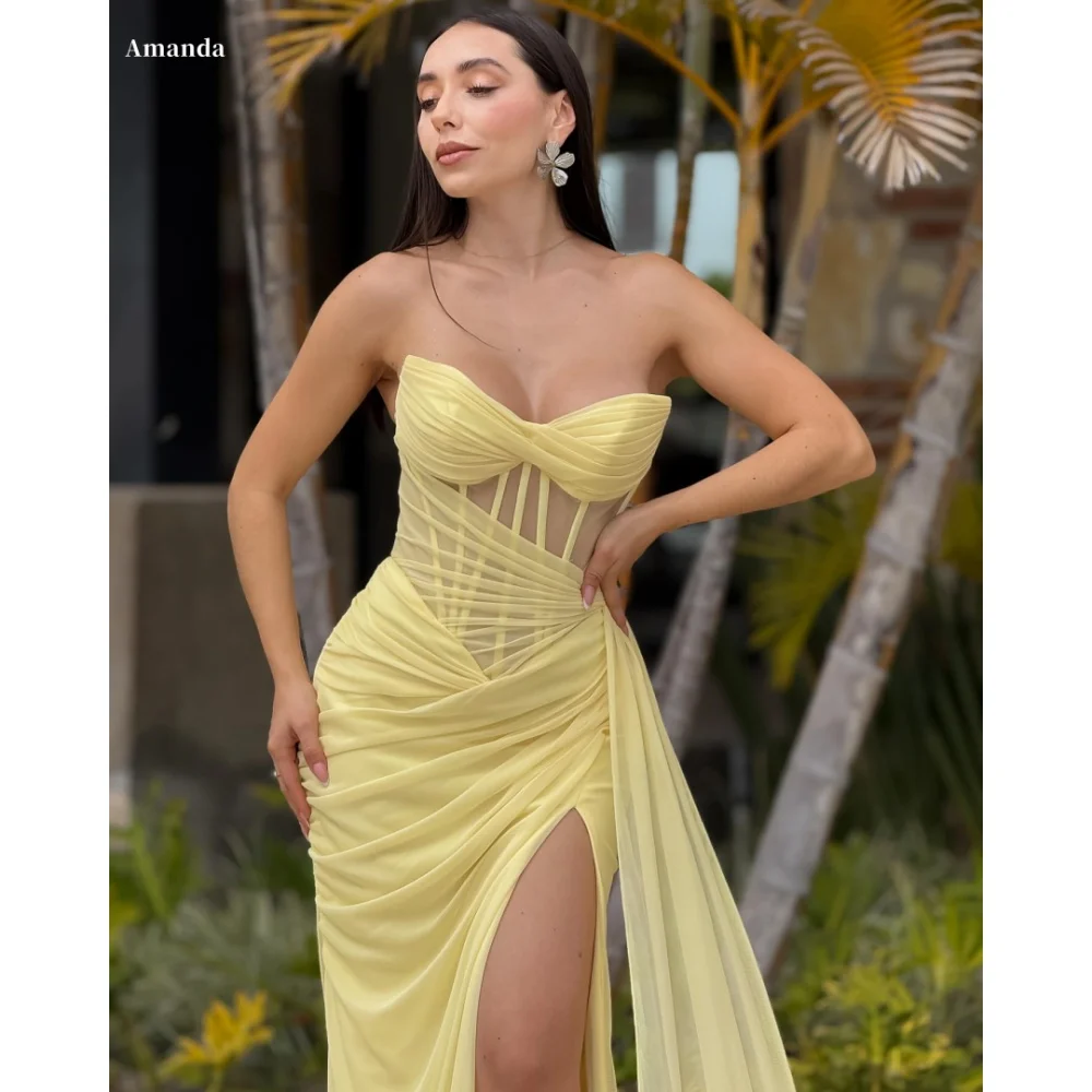 

Amanda Customized Yellow Side Slit Strapless Sleeveless Prom Dresses Mermaid vestidos de noche Floor-Length Formal Evening 2025