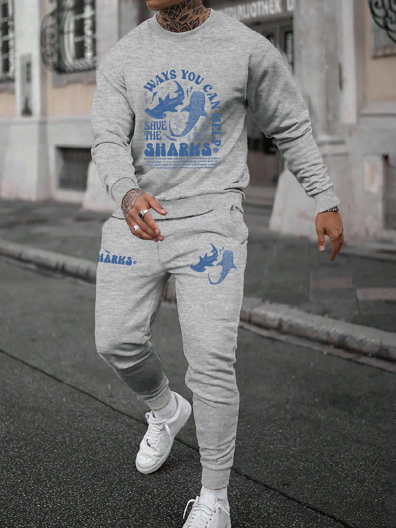 

Round neck sweatshirt suit dark blue rescue shark prints and environmentally friendly slogans suitable for outdoor activities