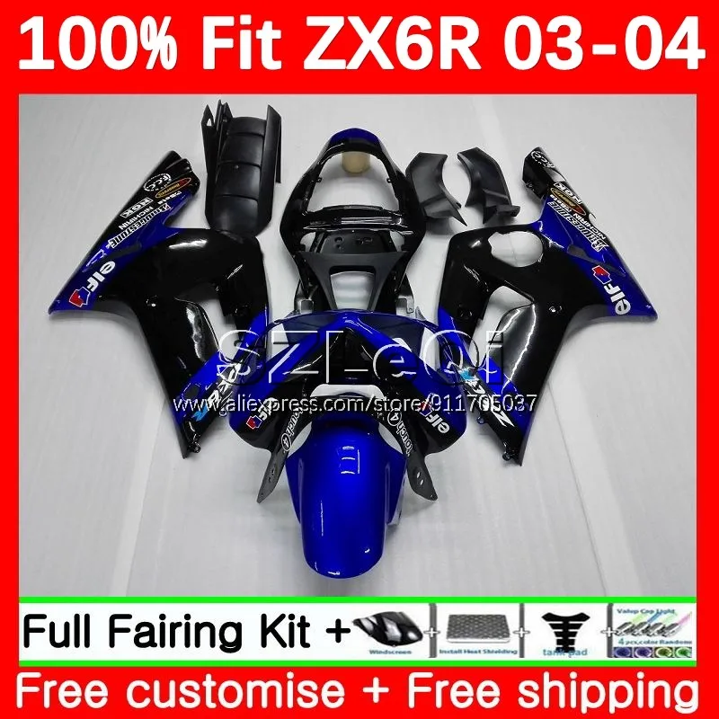 Body+Decal For KAWASAKI NINJA ZX 6R 636 6 R ZX636 Black blue ZX6R 03 04 10No.10 ZX-636 600CC ZX-6R 2003 2004 Injection Fairing