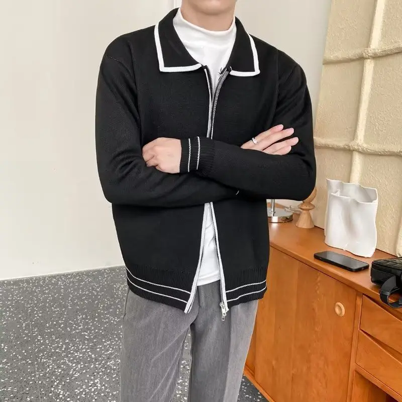 Men's Clothing  Contrast Zipper Cardigan Lapel Knitted Sweater Jacket Fashionable Casual Top