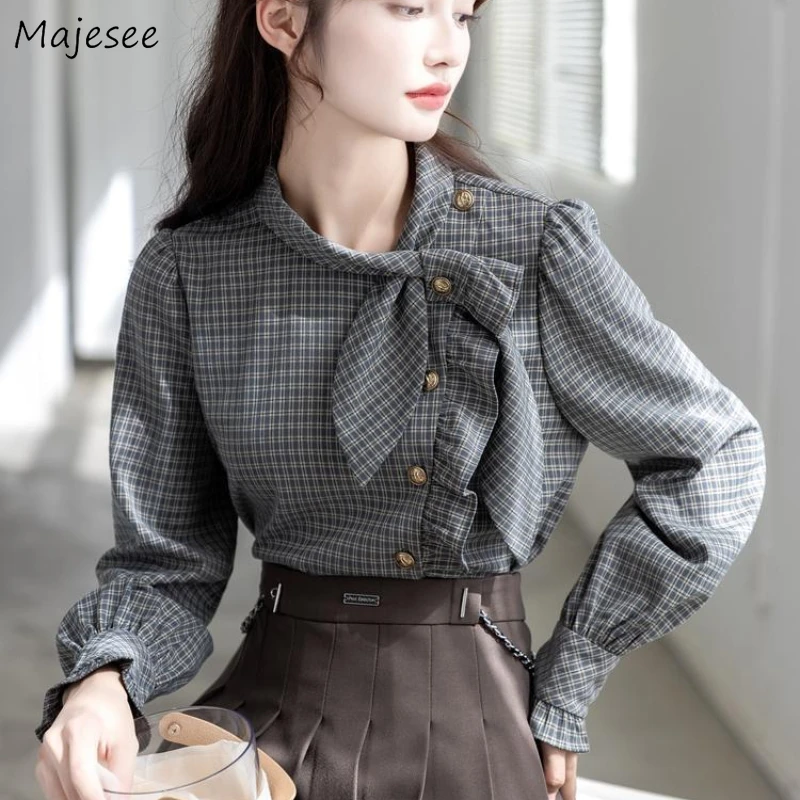 

Scarf Collar Shirts Women Preppy Style Vintage Plaid Ulzzang Gentle Literary Spring Autumn Crop Tops Harajuku Aesthetic