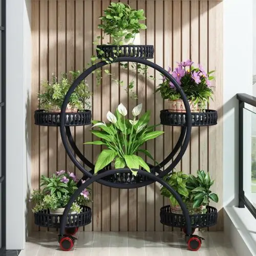 4 Layer 6 Pots Flower Holder Plant Stand Shelf 4-Wheel Free Moving Dispaly Shelf Rack Balcony