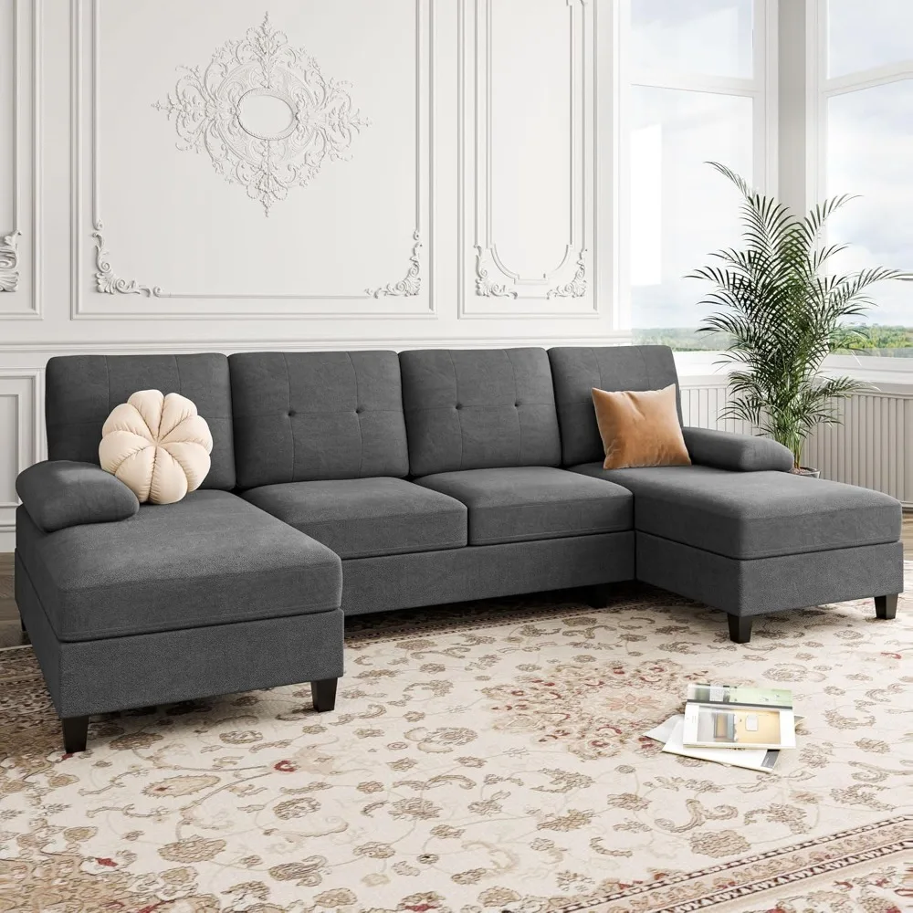 Living room combination sofa, U-shaped love sofa, 4 seat living room furniture set, upholstered and linen fabric, black